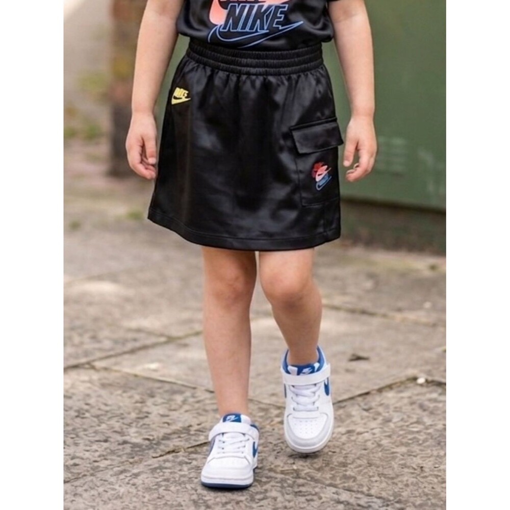 Nike Girls Black Satin Cargo Skirt Multicolor Stacked Swoosh 4T NWT